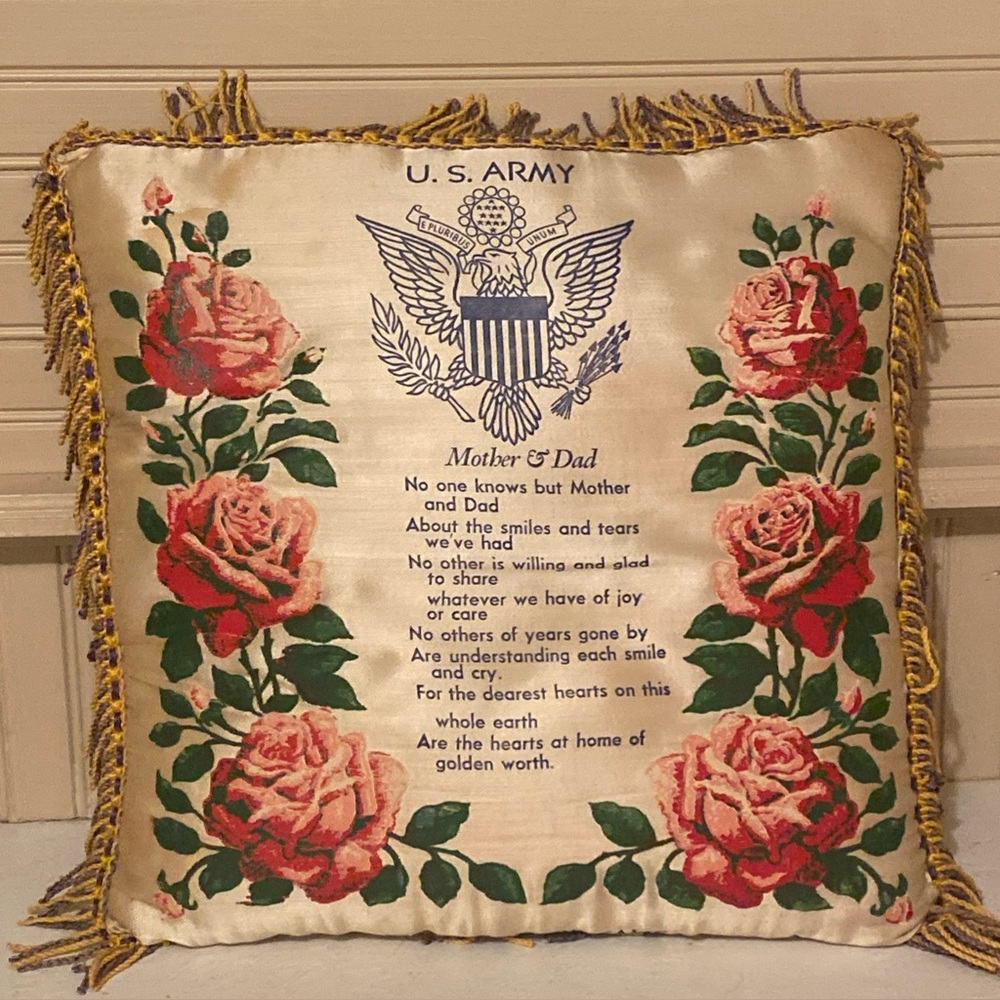 Vintage US Army Fort Ord California Mother &Dad Satin Pillow World War II  1940s